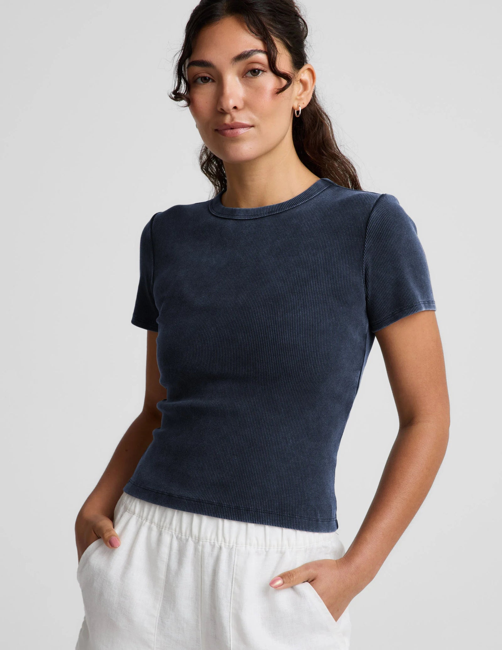 Beyond Yoga Womens On Repeat Rib Baby Tee Washed Nocturnal Navy