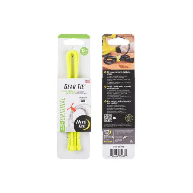 Nite Ize Gear Tie Reusable Rubber Twist Tie 12 In. - 2 Pack Neon Yellow
