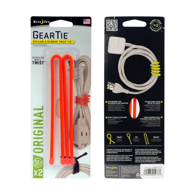 Nite Ize Gear Tie Reusable Rubber Twist Tie 12 In. - 2 Pack Bright Orange