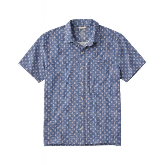 Ll Bean Brand Lakewashed Performance Button Front Shirt Short Sleeve Traditional Fit Print Regular Indigo Leaf