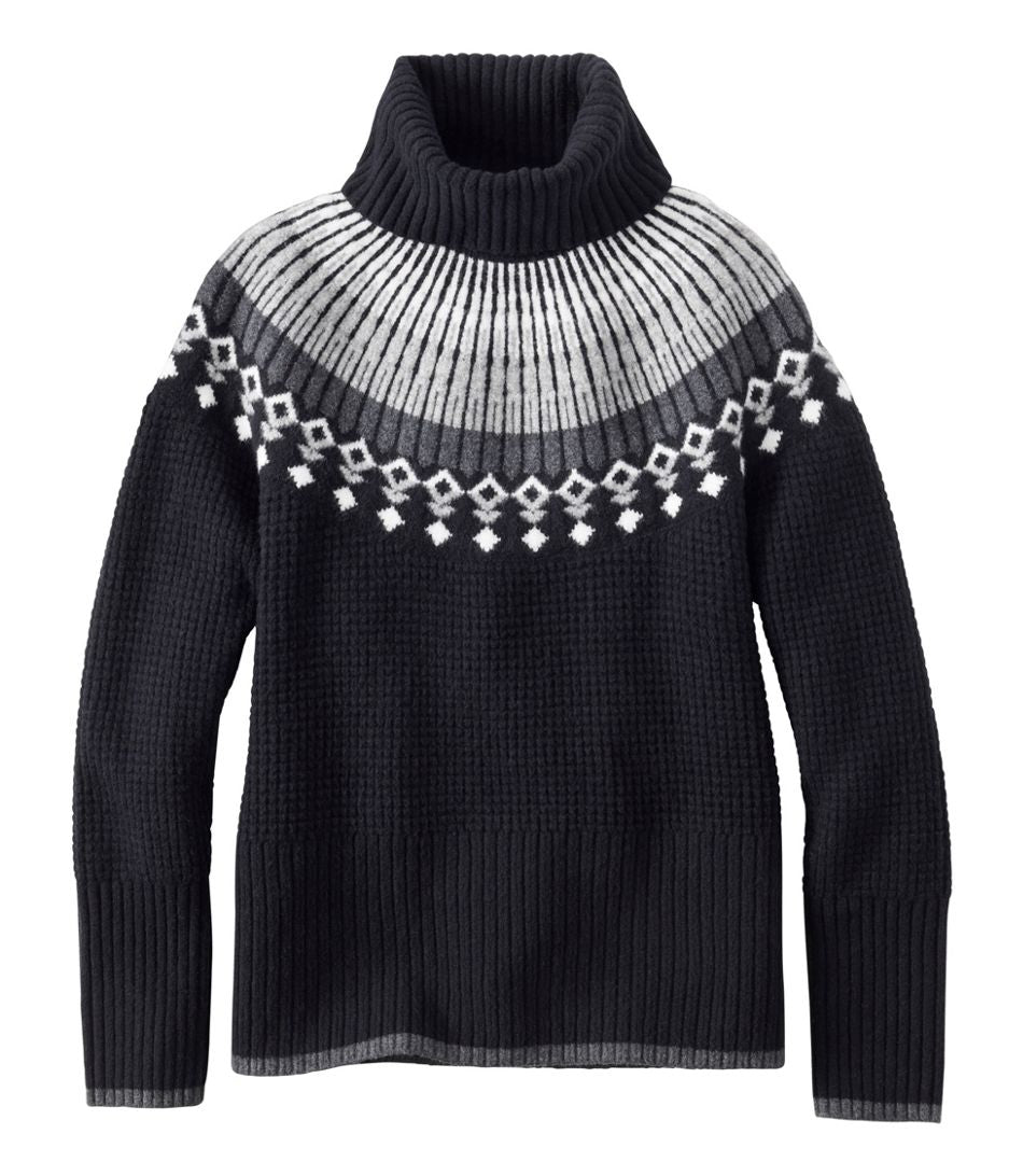 L.L. Bean Womens Supersoft Waffle Turtleneck Fair Isle Sweater Black Fair Isle