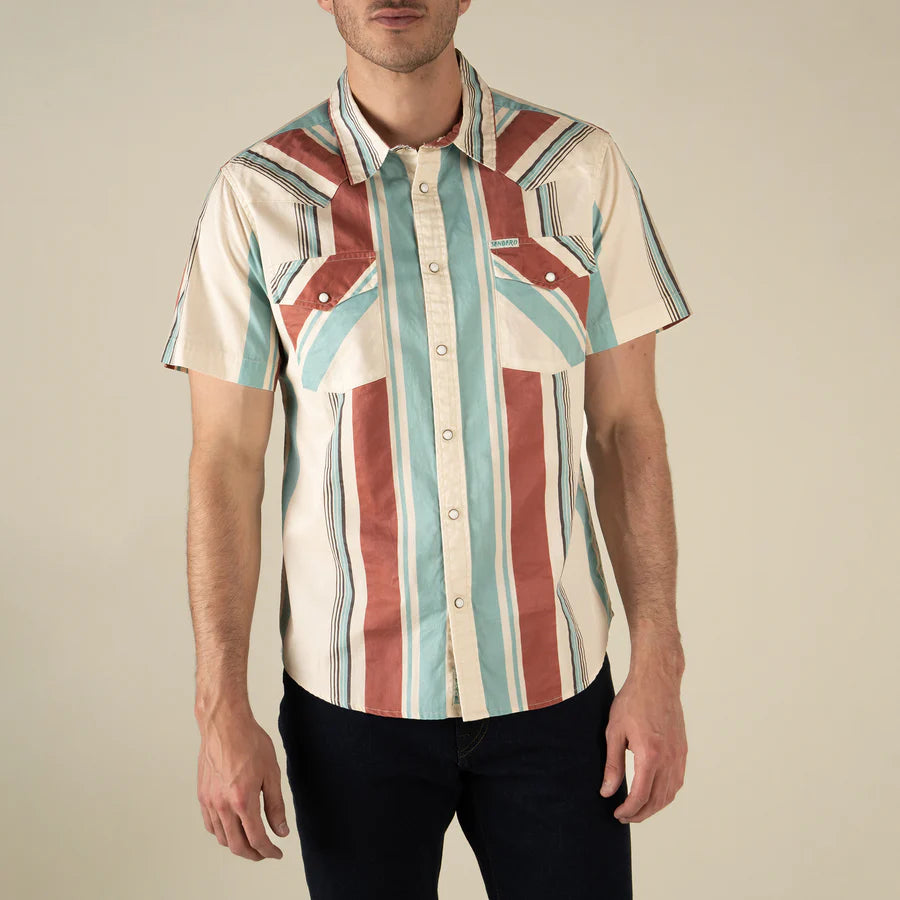 Sendero Provisions Co. Mens The Wyatt Pearl Snap Print Shirt Stagecoach Stripe: Red/Blue