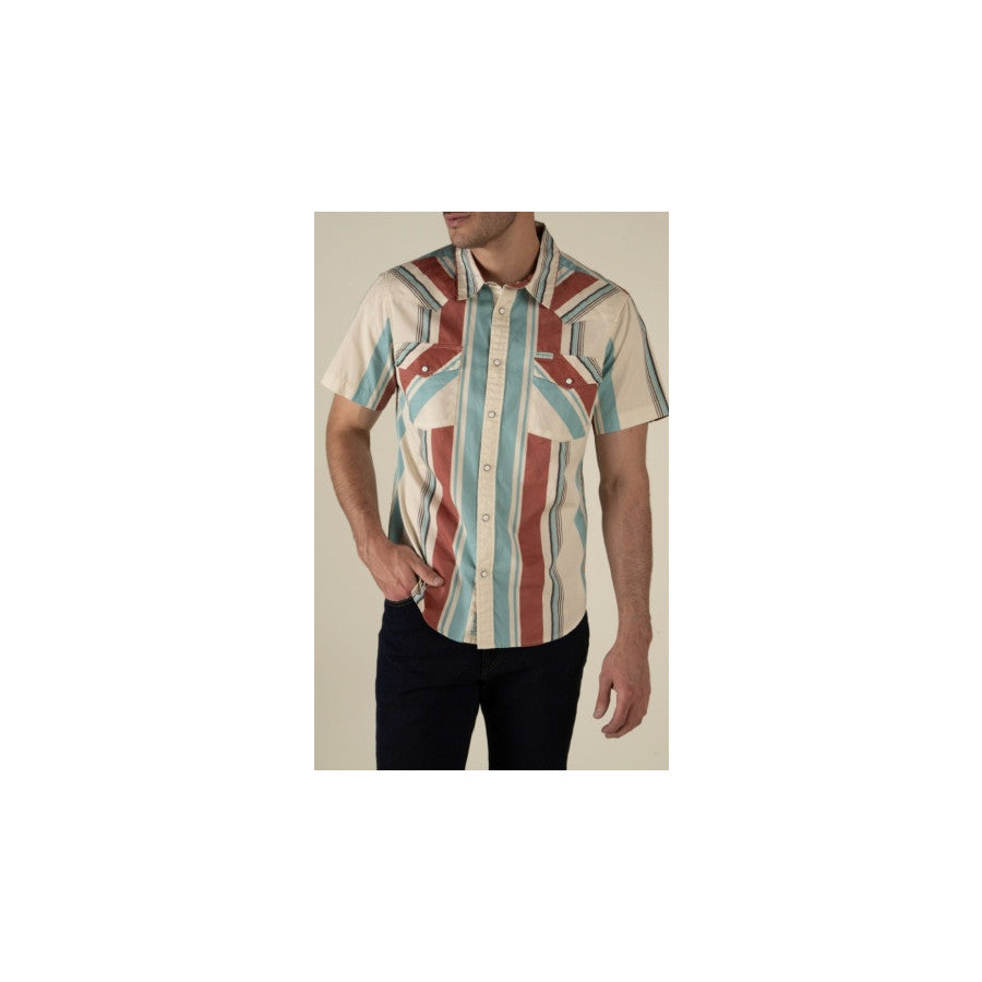 Sendero Provisions Co. The Wyatt Pearl Snap Short Sleeve Print Shirt STAGECOACH STRIPE - RED/BLUE
